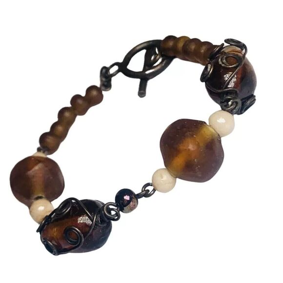 Brown Glass Beaded Bracelet 5.25” Wrapped Wire Copper Bohemian - Picture 10 of 11
